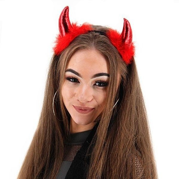 Coronita Deghizare, Flippy, Model Cornite Devil, Rosu Satinat cu Puf Rosu, Marime Universala