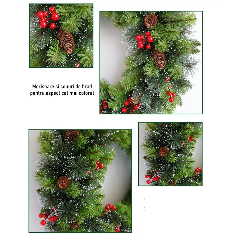 Coronita Pentru Craciun 60 Cm, Din Brad Artificial, Decorata Cu Conuri Si Merisoare