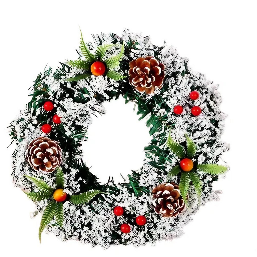 Coronita Pentru Craciun Diametru 20 Cm, Din Brad Artificial, Decorata Cu Conuri Si Merisoare, Inzapezit, /Alb