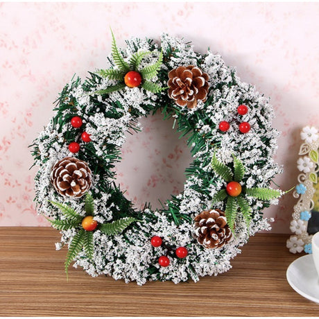 Coronita Pentru Craciun Diametru 30 Cm, Din Brad Artificial, Decorata Cu Conuri Si Merisoare, Inzapezit. /Alb - vivimall.ro