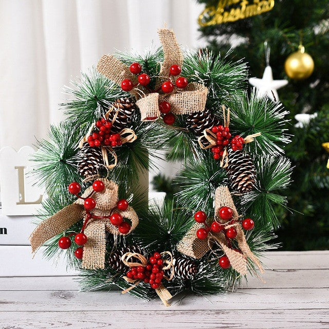 Coronita Pentru Craciun Diametru 32 Cm, Din Brad Artificial, Decorata Cu Conuri Si Merisoare, 3 Funde. /Alb