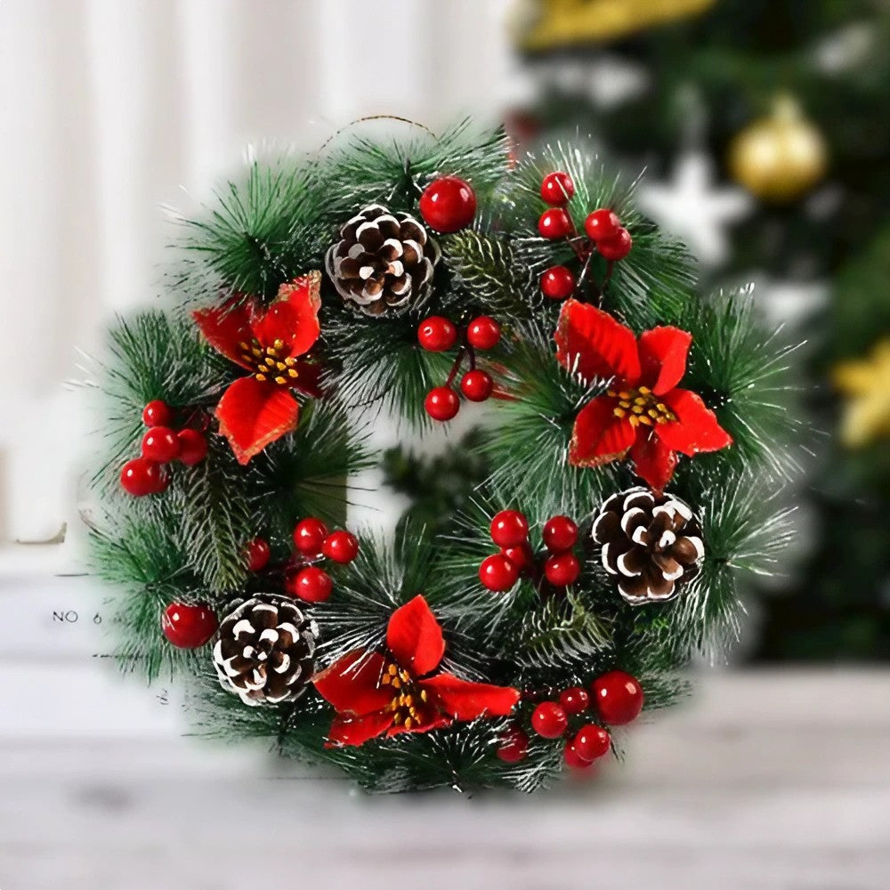 Coronita Pentru Craciun Diametru 32 Cm, Din Brad Artificial, Decorata Cu Conuri Si Merisoare, 3 Funde Rosii. /Alb