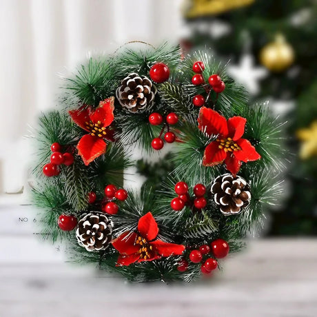 Coronita Pentru Craciun Diametru 32 Cm, Din Brad Artificial, Decorata Cu Conuri Si Merisoare, 3 Funde Rosii. /Alb