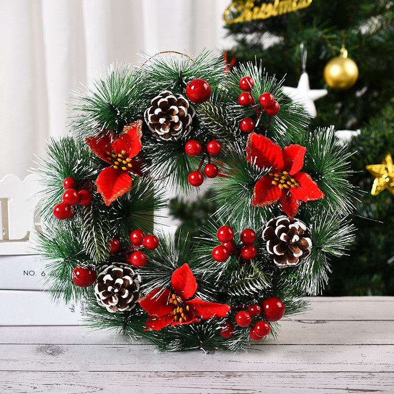 Coronita Pentru Craciun Diametru 32 Cm, Din Brad Artificial, Decorata Cu Conuri Si Merisoare, 3 Funde Rosii. /Alb