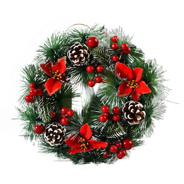 Coronita Pentru Craciun Diametru 32 Cm, Din Brad Artificial, Decorata Cu Conuri Si Merisoare, 3 Funde Rosii. /Alb