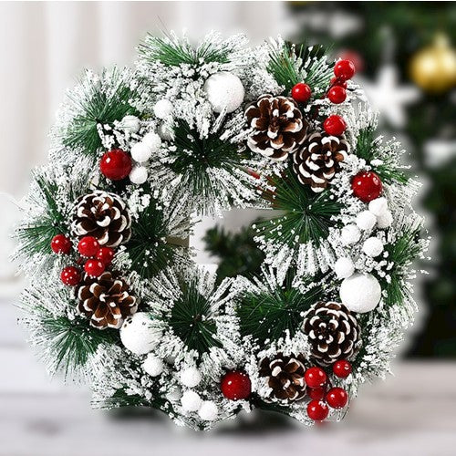 Coronita Pentru Craciun Diametru 32 Cm, Din Brad Artificial, Decorata Cu Conuri Si Merisoare, Inzapezit. /Alb
