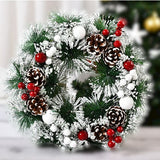 Coronita Pentru Craciun Diametru 32 Cm, Din Brad Artificial, Decorata Cu Conuri Si Merisoare, Inzapezit. /Alb