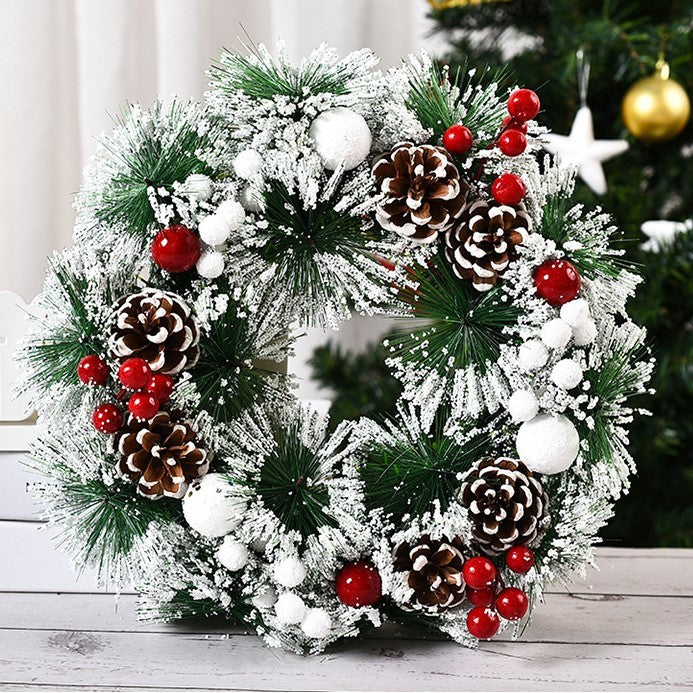 Coronita Pentru Craciun Diametru 32 Cm, Din Brad Artificial, Decorata Cu Conuri Si Merisoare, Inzapezit. /Alb