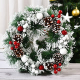 Coronita Pentru Craciun Diametru 32 Cm, Din Brad Artificial, Decorata Cu Conuri Si Merisoare, Inzapezit. /Alb
