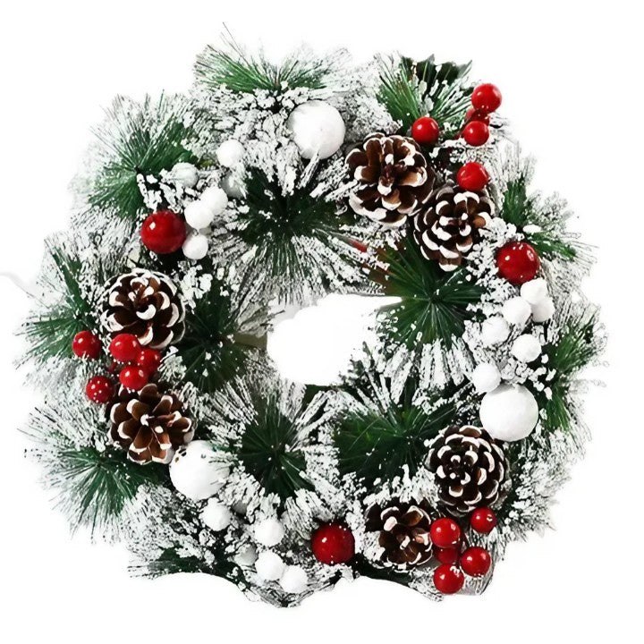 Coronita Pentru Craciun Diametru 32 Cm, Din Brad Artificial, Decorata Cu Conuri Si Merisoare, Inzapezit. /Alb