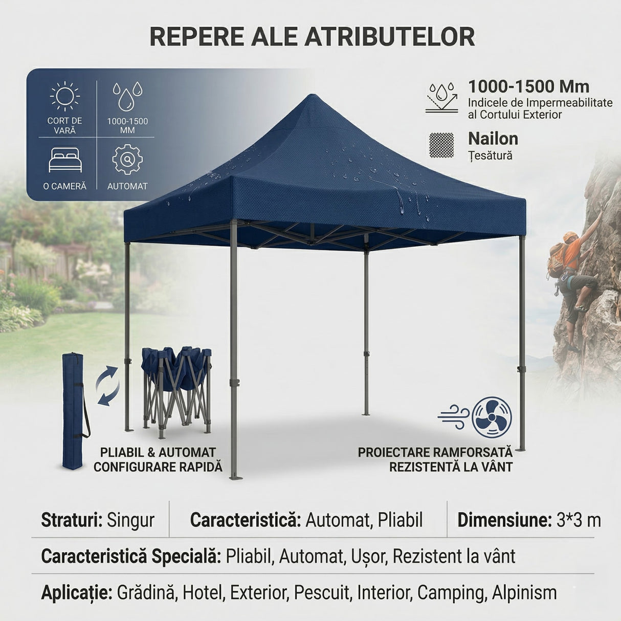 Cort Pavilion 3x3m, Flippy, Cadru Metal Pliabil Ranforsat, Acoperis 420D 280gram/mg PVC Polyester Oxford pentru Curte, Gradina, Evenimente, Albastru - vivimall.ro