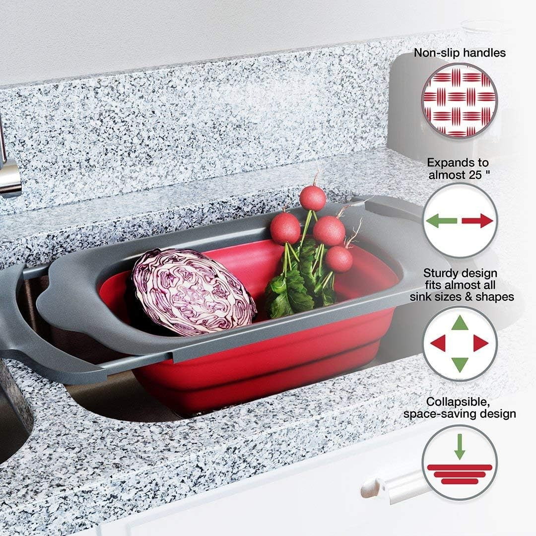 Cos De Scurgere Retractabil Pentru Chiuveta, Cu Filtru, Pentru Fructe Si Legume, De Uz Casnic, 39X12 Cm, Design Extensibil Pana La 61 Cm, Cu Manere De Prindere - vivimall.ro