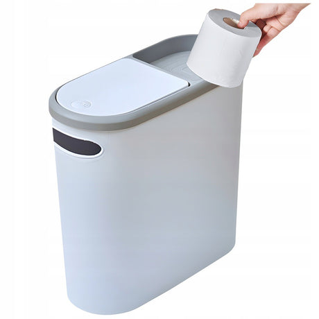 Cos de Gunoi, Flippy, din Plastic, Capac cu Ridicare Automata, Maner si Compartiment Depozitare, 31.5 x 14 x 30 cm, Alb/Gri - vivimall.ro