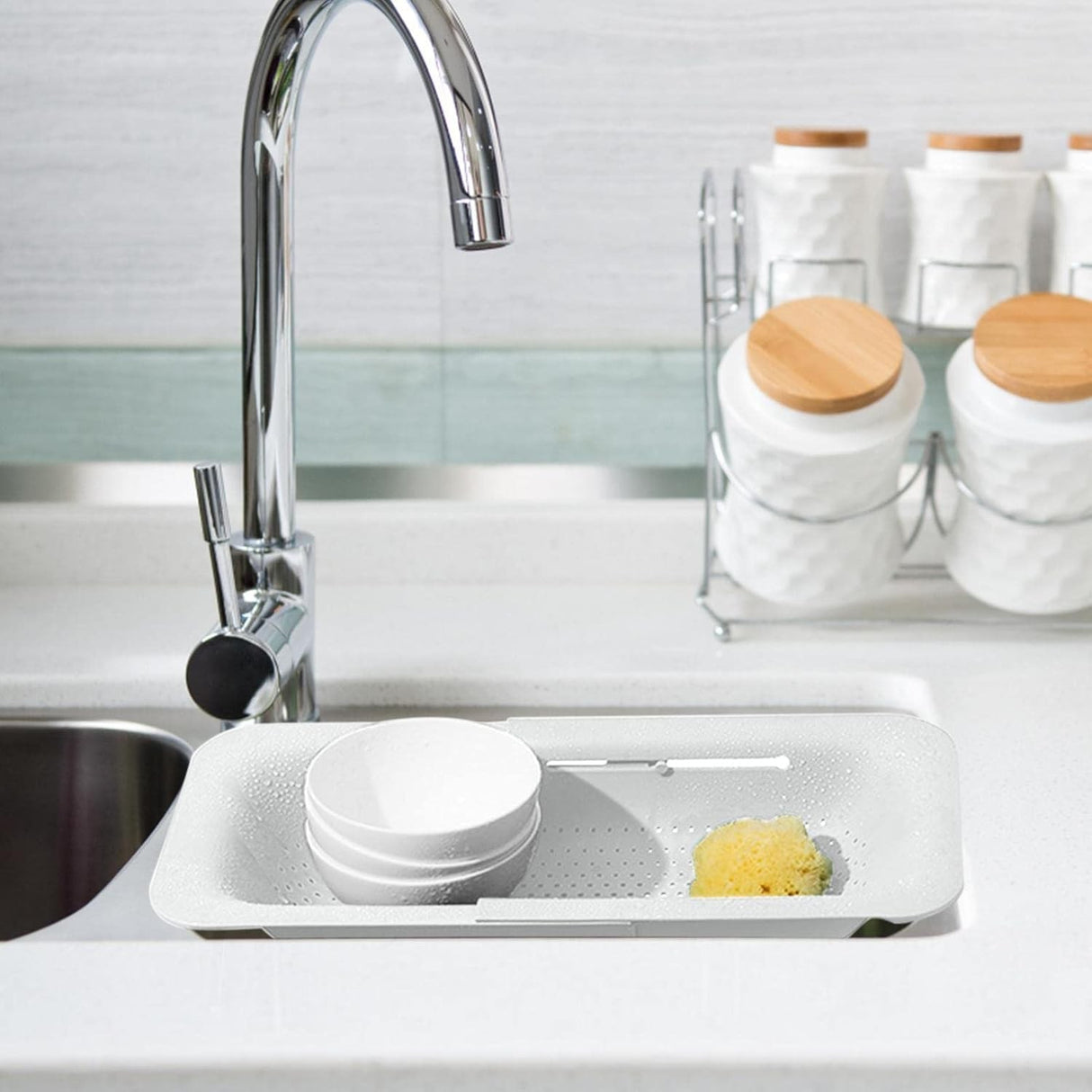 Cos de Scurgere pentru Chiuveta de Bucatarie, Vivimall, Plastic, Telescopic, 36x20x5 cm, Alb - vivimall.ro