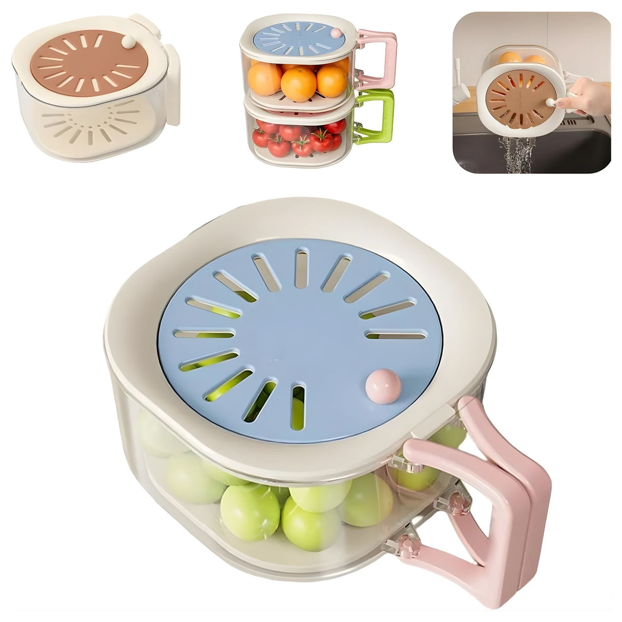 Cos de Scurgere pentru Fructe 2 in 1, Flippy, din Plastic durabil, Filtru Telescopic, Scurgator de Fructe si Legume, pentru uz Casnic, 15 x 15 x 8.5 cm, Albastru/Bej