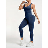 Costum sport one piece damă albastru marin, vedere laterală, talie definită, elasticitate ridicată