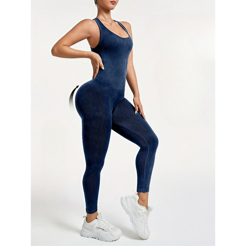 Detaliu material elastic costum sport Vivimall albastru marin, textură nailon 90% spandex 10%, fără cusături