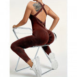 Costum Sport de Dama, Vivimall, One Piece, pentru Yoga, Elastic, Fara Cusaturi, Maro Inchis, Marime L - vivimall.ro