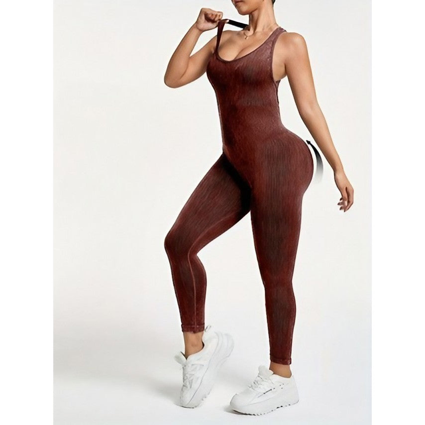 Costum Sport de Dama, Vivimall, One Piece, pentru Yoga, Elastic, Fara Cusaturi, Maro Inchis, Marime L - vivimall.ro