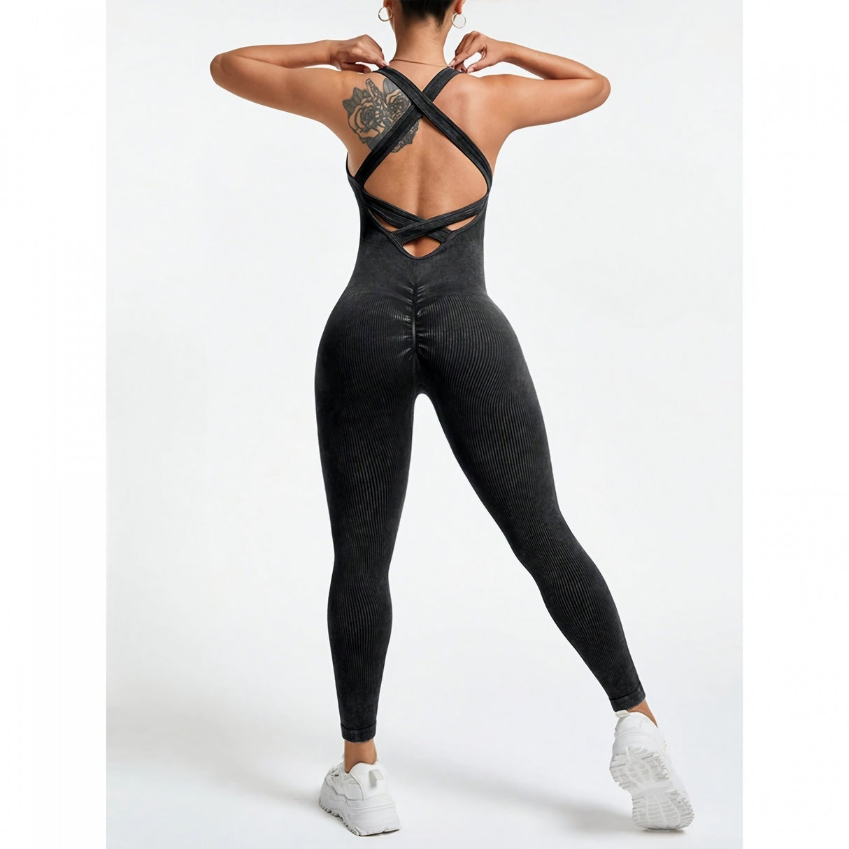 Costum Sport de Dama, Vivimall, One Piece, pentru Yoga, Elastic, Fara Cusaturi, Negru, Marime L - vivimall.ro