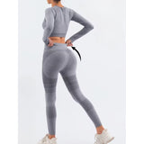 Costum Sport de Dama, Vivimall, pentru Yoga, Talie Inalta, Top Scurt, Elastic, Gri, Marime L - vivimall.ro