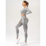 Costum Sport de Dama, Vivimall, pentru Yoga, Talie Inalta, Top Scurt, Elastic, Gri, Marime L - vivimall.ro