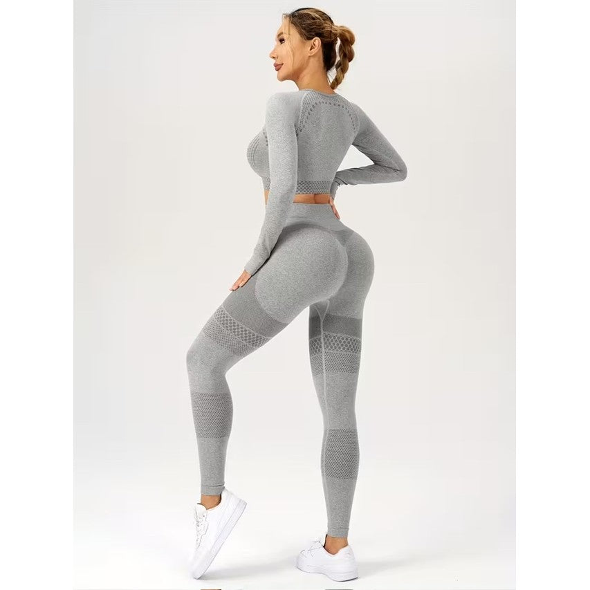 Costum Sport de Dama, Vivimall, pentru Yoga, Talie Inalta, Top Scurt, Elastic, Gri, Marime L - vivimall.ro