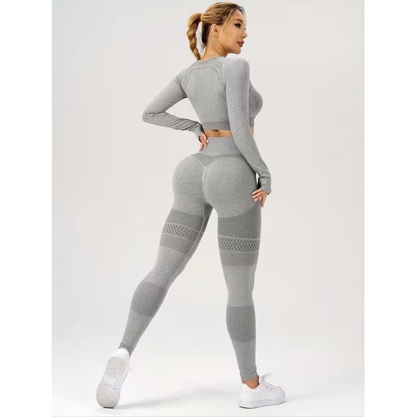 Costum Sport de Dama, Vivimall, pentru Yoga, Talie Inalta, Top Scurt, Elastic, Gri, Marime L - vivimall.ro