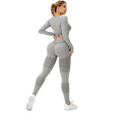 Costum Sport de Dama, Vivimall, pentru Yoga, Talie Inalta, Top Scurt, Elastic, Gri, Marime L - vivimall.ro