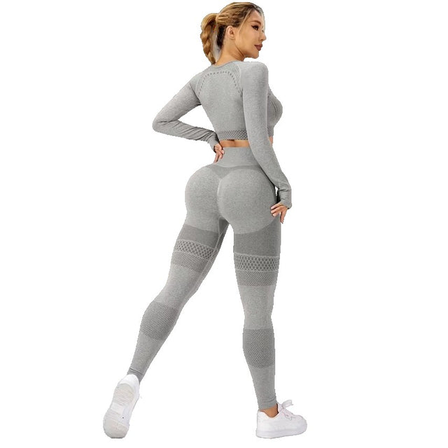 Costum Sport de Dama, Vivimall, pentru Yoga, Talie Inalta, Top Scurt, Elastic, Gri, Marime L - vivimall.ro