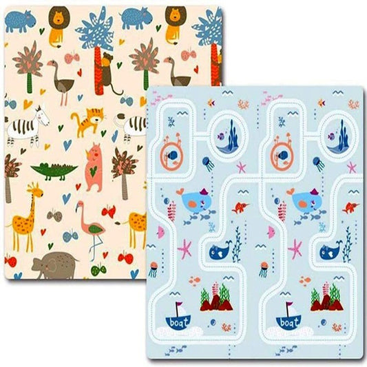 Covoraș de Joaca pentru Copii Termic cu 2 Fete, Flippy, Model Lumea Animalelor si Calatorie pe mare, cu Spuma, Impermeabil, Antiderapant, 200x180 x 0.8 cm, Multicolor