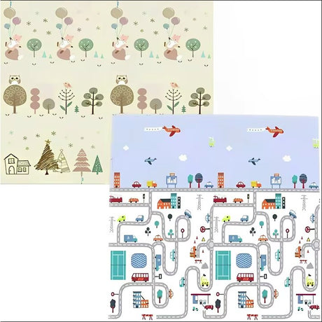 Covoras de Joaca pentru Copii Termic cu 2 Fete, Flippy, Model Vulpi si Pista de Masini, cu Spuma, Impermeabil, Antiderapant, 200cm x 180cm x 0.8cm