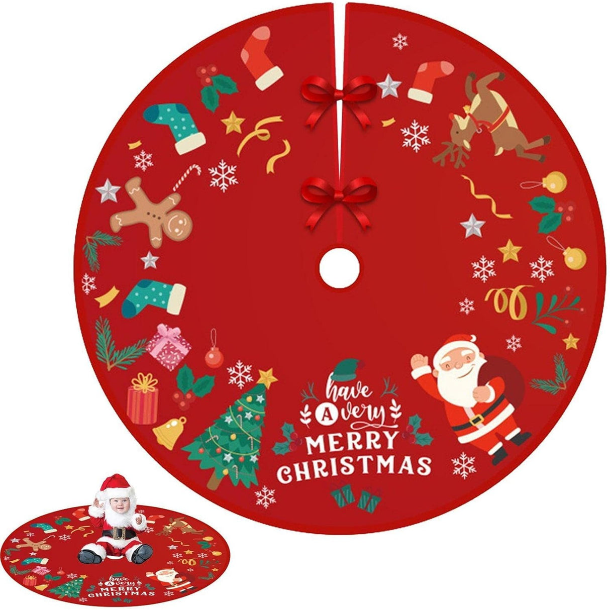 Covoras Pentru Bradul De Craciun, Din Tesatura Pufoasa, Cu Fundite De Prindere, Diametru 90 Cm - vivimall.ro