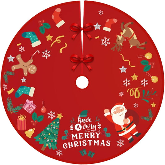 Covoras pentru Bradul de Craciun, Vivimall, din Tesatura Pufoasa, cu Fundite de Prindere, Model Mos Craciun, Rosu, Diametru 90 cm - vivimall.ro