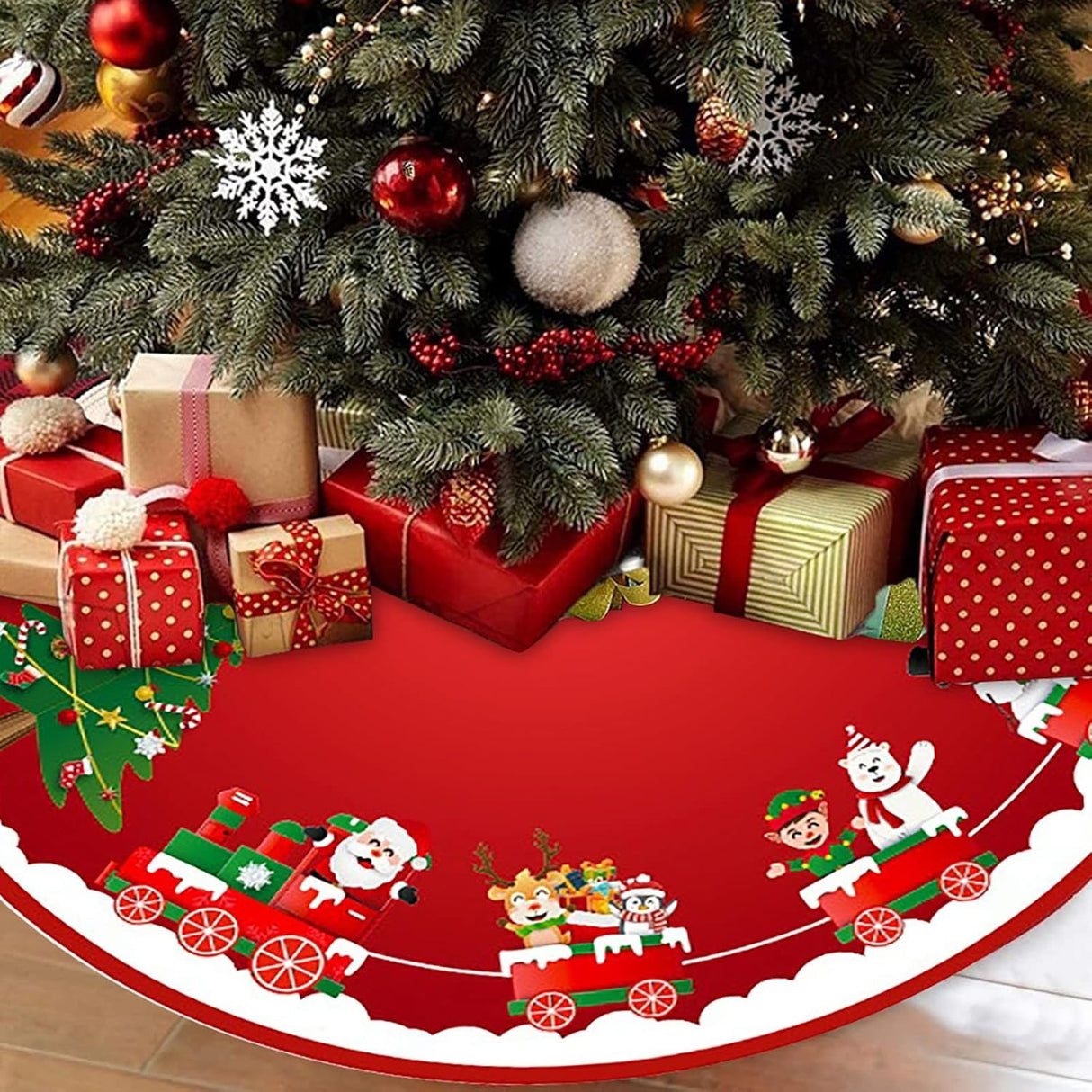 Covoras Pentru Bradul De Craciun, Din Tesatura Pufoasa, Cu Fundite De Prindere, Diametru 90 Cm - vivimall.ro