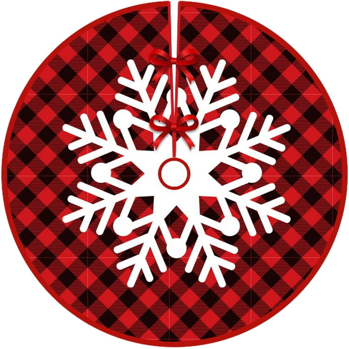Covoras Pentru Bradul De Craciun, Din Tesatura Pufoasa, Cu Fundite De Prindere, Carouri Rosu/, Diametru 90 Cm - vivimall.ro