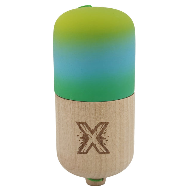 Kendama Pill X Originala, Flippy, Profesionala Model Rubber Grip Pilula, din Lemn, Varsta 9+, Ata 62/65 cm, 11 x 5 x 5 cm, Gradient Galben/Albastru/Verde - vivimall.ro