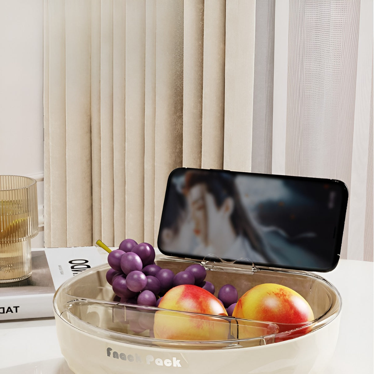 Bol Cu Doua Straturi, Pentru Fructe, Legume, Snacks, Cu Strat De Scurgere A Apei, Suport Pentru Telefonul Mobil, Crem - vivimall.ro