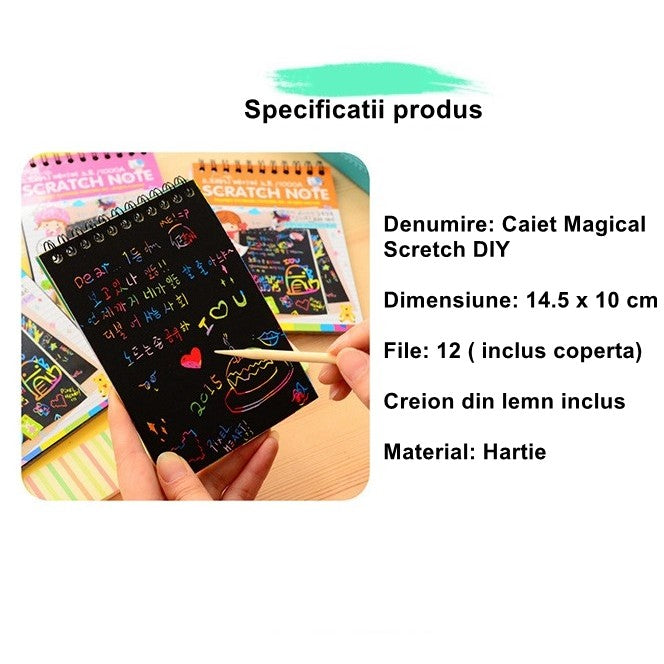 Caiet Cu Fise Razuibile Diy Magic Scratch, 12 File, Curcubeu, Creion Din Lemn, Cartonase Negre, 14.5 X 10 Cm - vivimall.ro
