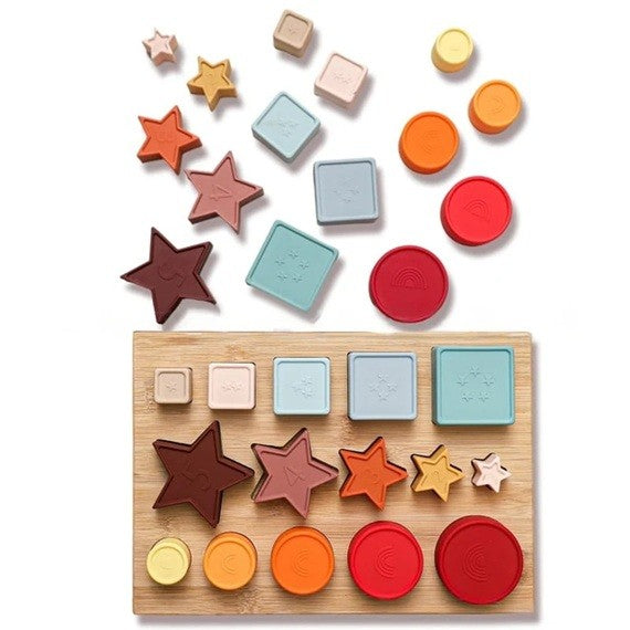 Jucărie Montessori cu forme geometrice din silicon și lemn de bambus, 15 piese multicolor, vedere de ansamblu