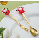 Set 4 Tacamuri, Flippy, Tema Craciun, 2 Linguri + 2 Furculite, cu Figurine, din Otel Inoxidabil, Cutie Cadou, 19 x 15 x 2.2 cm, Auriu - vivimall.ro