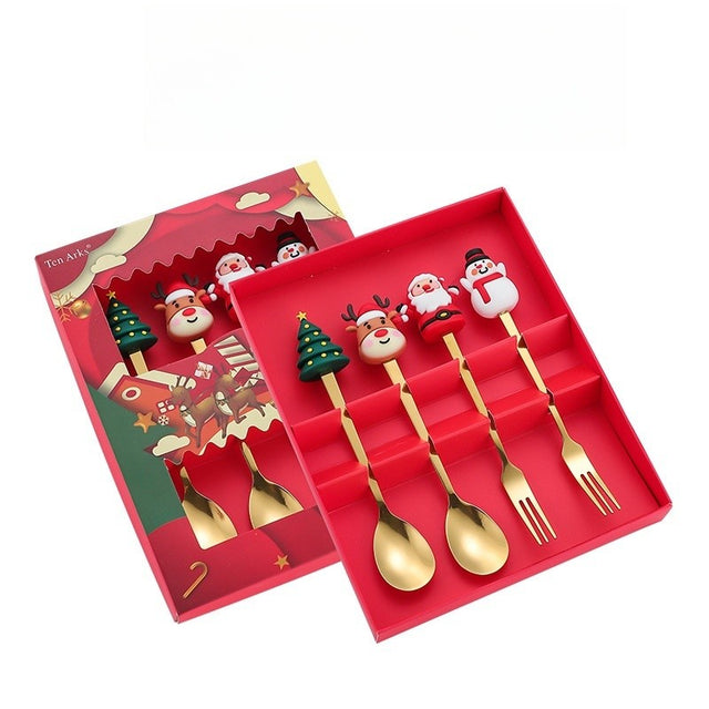 Set 4 Tacamuri, Flippy, Tema Craciun, 2 Linguri + 2 Furculite, cu Figurine, din Otel Inoxidabil, Cutie Cadou, 19 x 15 x 2.2 cm, Auriu - vivimall.ro