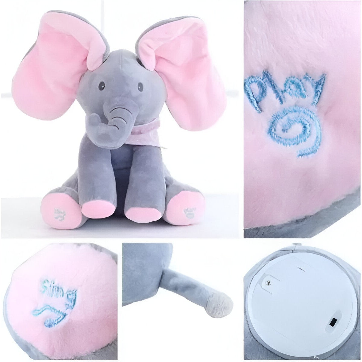 Jucarie Interactiva Pentru Copii, Elefantel Peek-A-Boo, Muzica, Misca Urechile, Alimentare Cu Baterii, 30 Cm, Roz-Gri - vivimall.ro