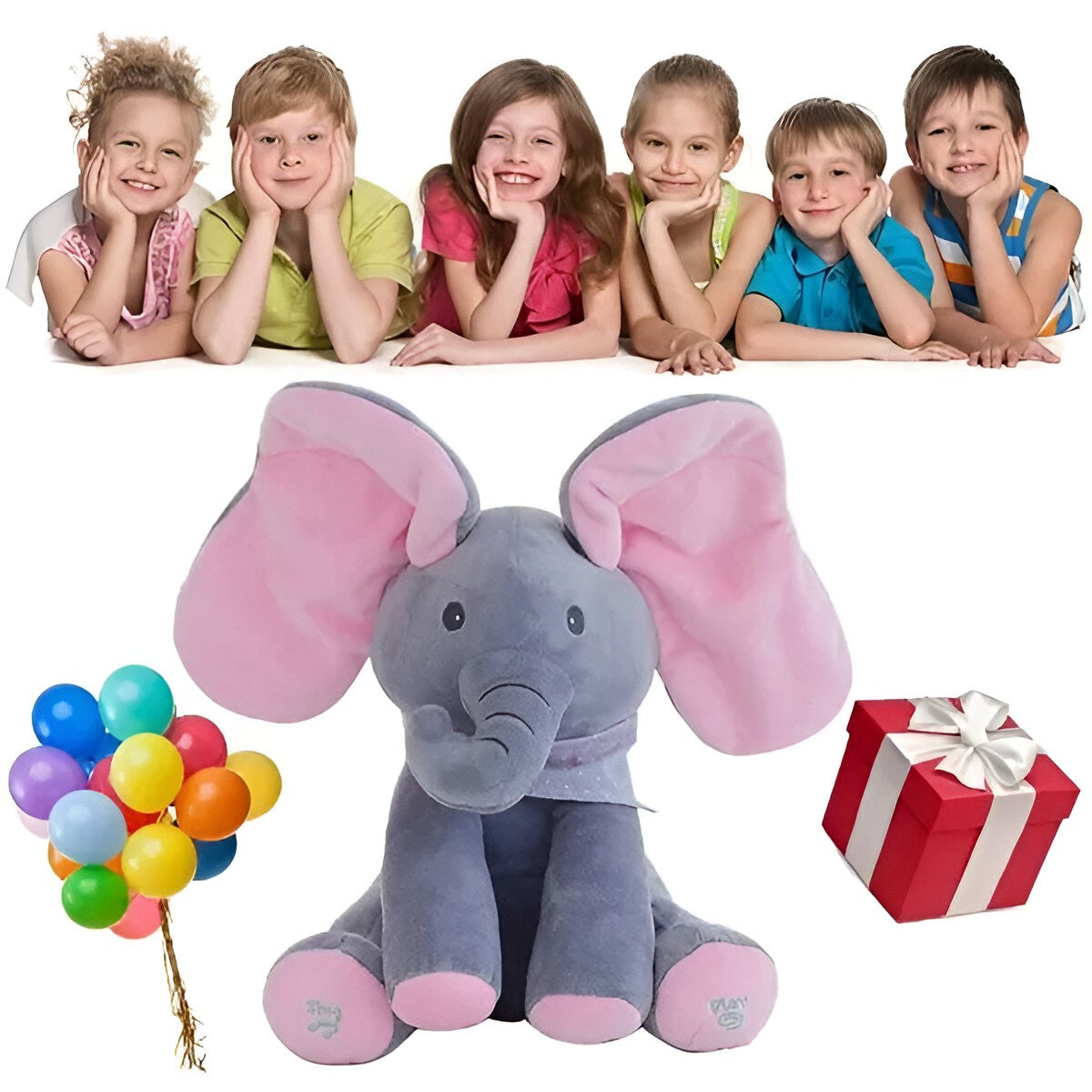 Jucarie Interactiva Pentru Copii, Elefantel Peek-A-Boo, Muzica, Misca Urechile, Alimentare Cu Baterii, 30 Cm, Roz-Gri - vivimall.ro