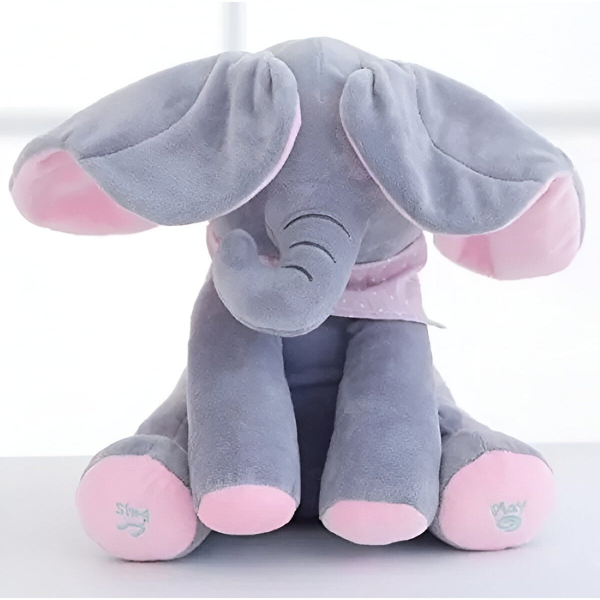 Jucarie Interactiva Pentru Copii, Elefantel Peek-A-Boo, Muzica, Misca Urechile, Alimentare Cu Baterii, 30 Cm, Roz-Gri - vivimall.ro