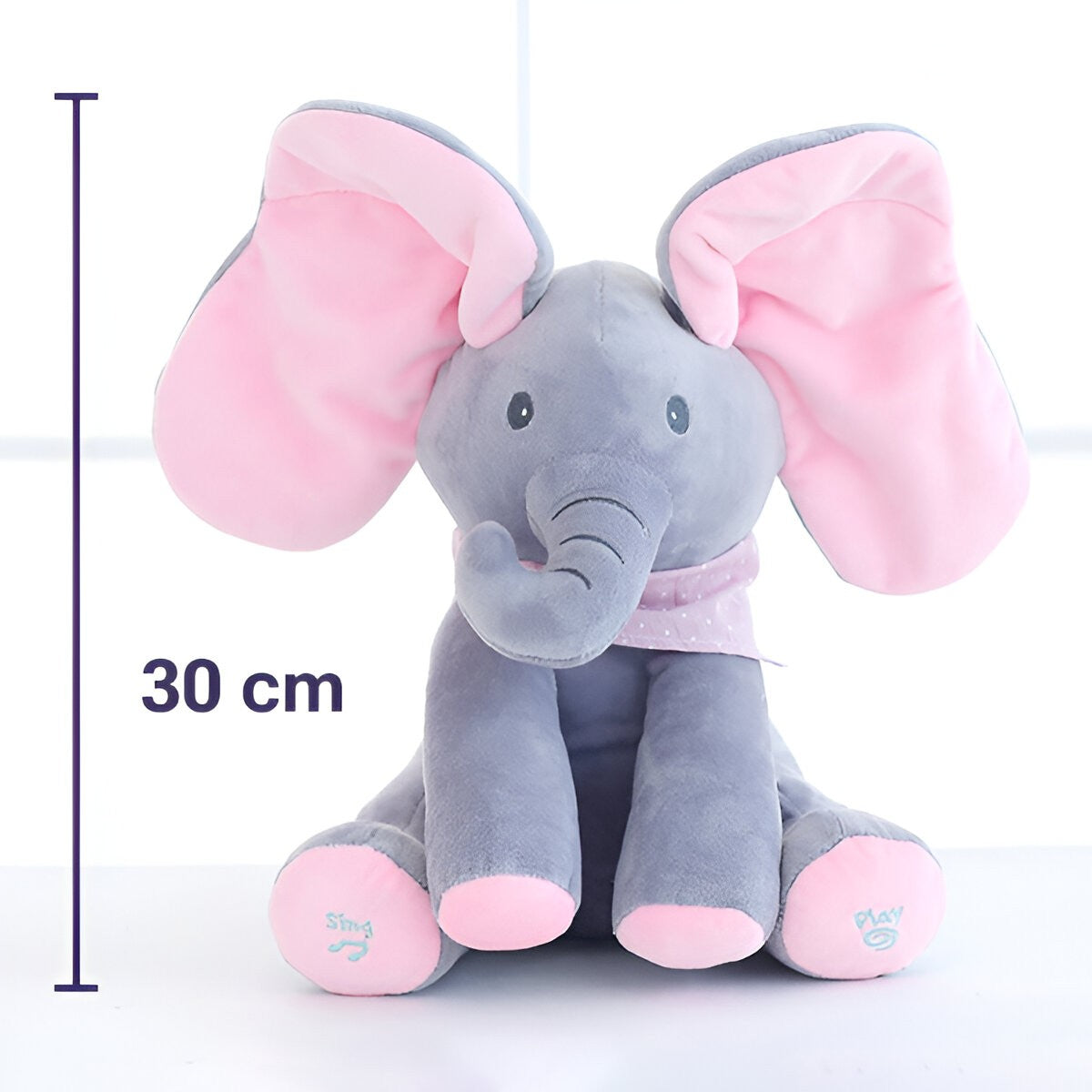 Jucarie Interactiva Pentru Copii, Elefantel Peek-A-Boo, Muzica, Misca Urechile, Alimentare Cu Baterii, 30 Cm, Roz-Gri - vivimall.ro