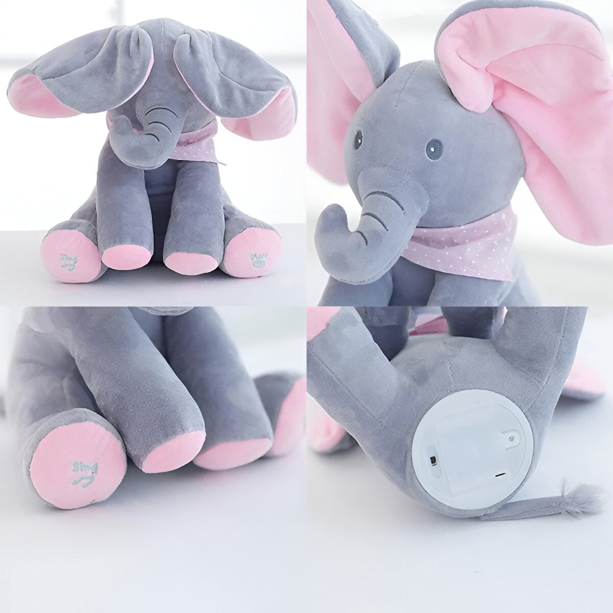 Jucarie Interactiva Pentru Copii, Elefantel Peek-A-Boo, Muzica, Misca Urechile, Alimentare Cu Baterii, 30 Cm, Roz-Gri - vivimall.ro
