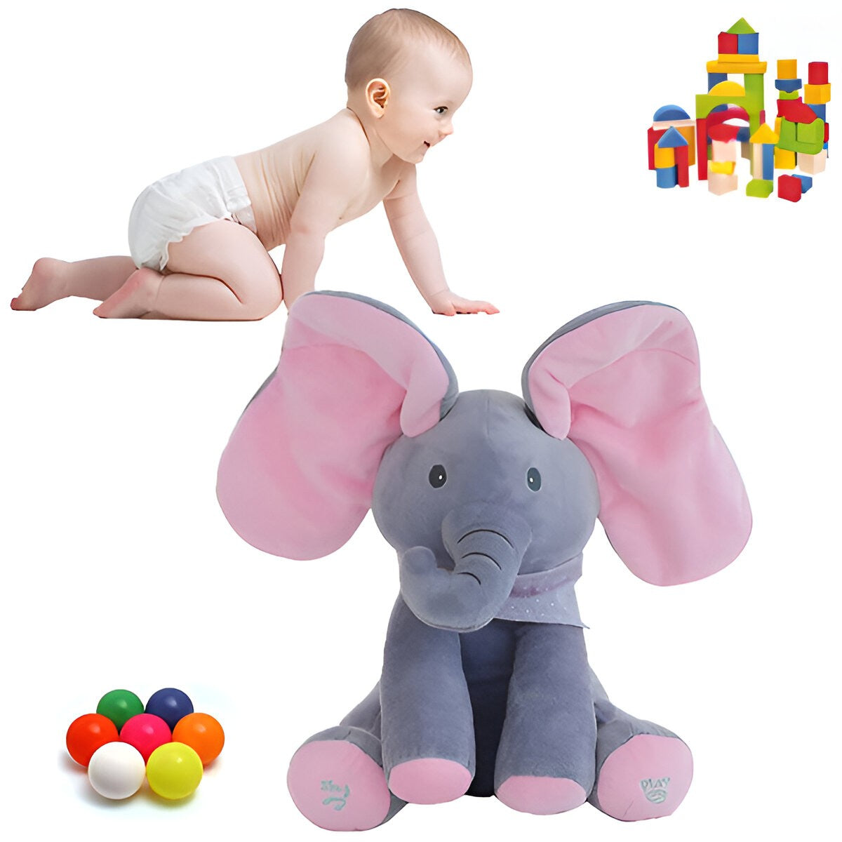 Jucarie Interactiva Pentru Copii, Elefantel Peek-A-Boo, Muzica, Misca Urechile, Alimentare Cu Baterii, 30 Cm, Roz-Gri - vivimall.ro