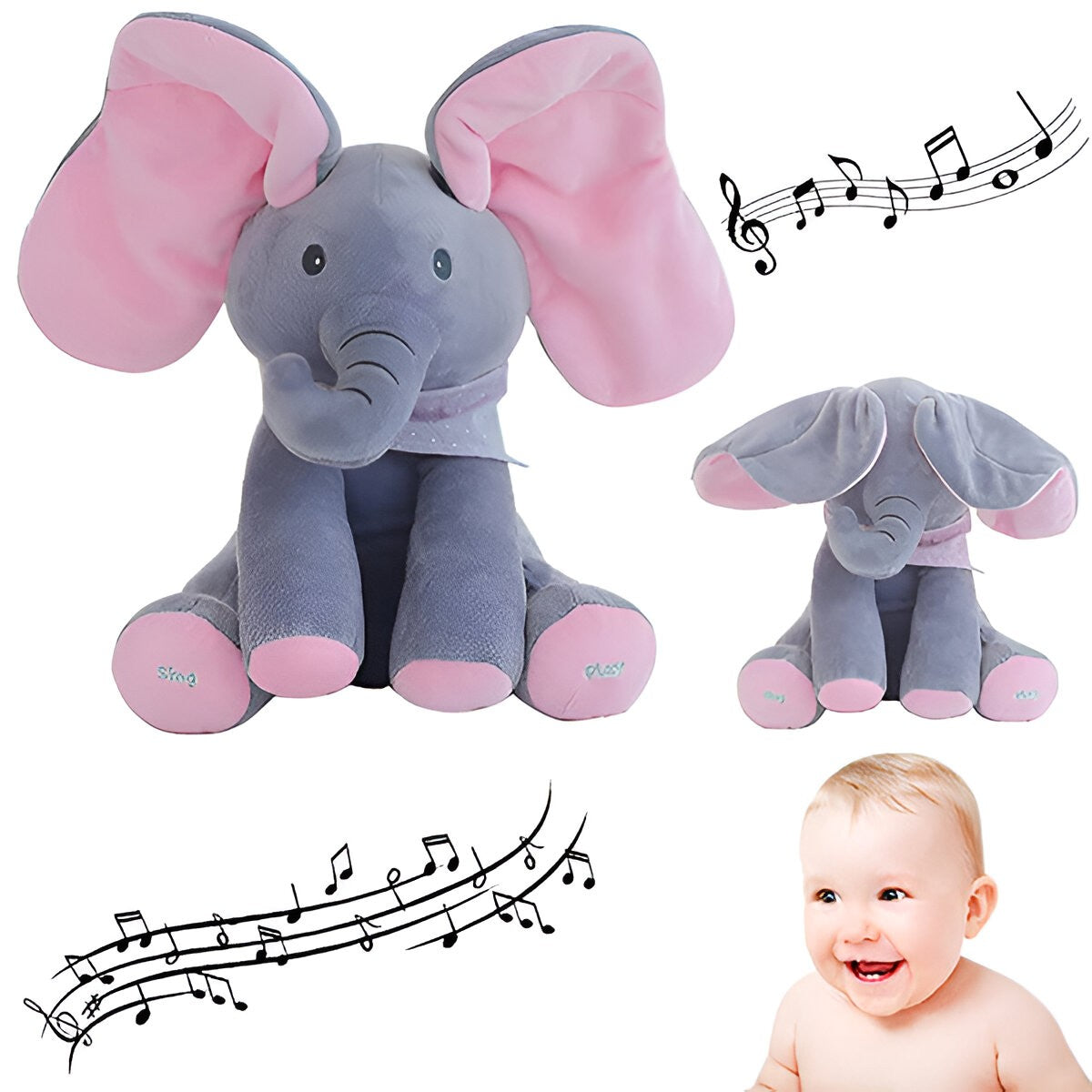 Jucarie Interactiva Pentru Copii, Elefantel Peek-A-Boo, Muzica, Misca Urechile, Alimentare Cu Baterii, 30 Cm, Roz-Gri - vivimall.ro