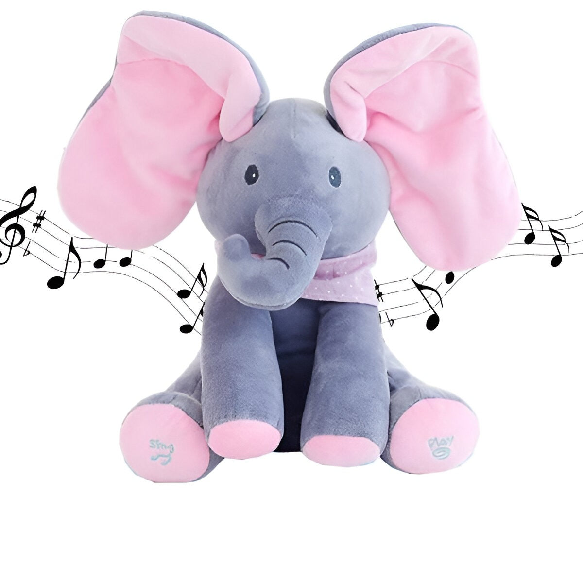 Jucarie Interactiva Pentru Copii, Elefantel Peek-A-Boo, Muzica, Misca Urechile, Alimentare Cu Baterii, 30 Cm, Roz-Gri - vivimall.ro